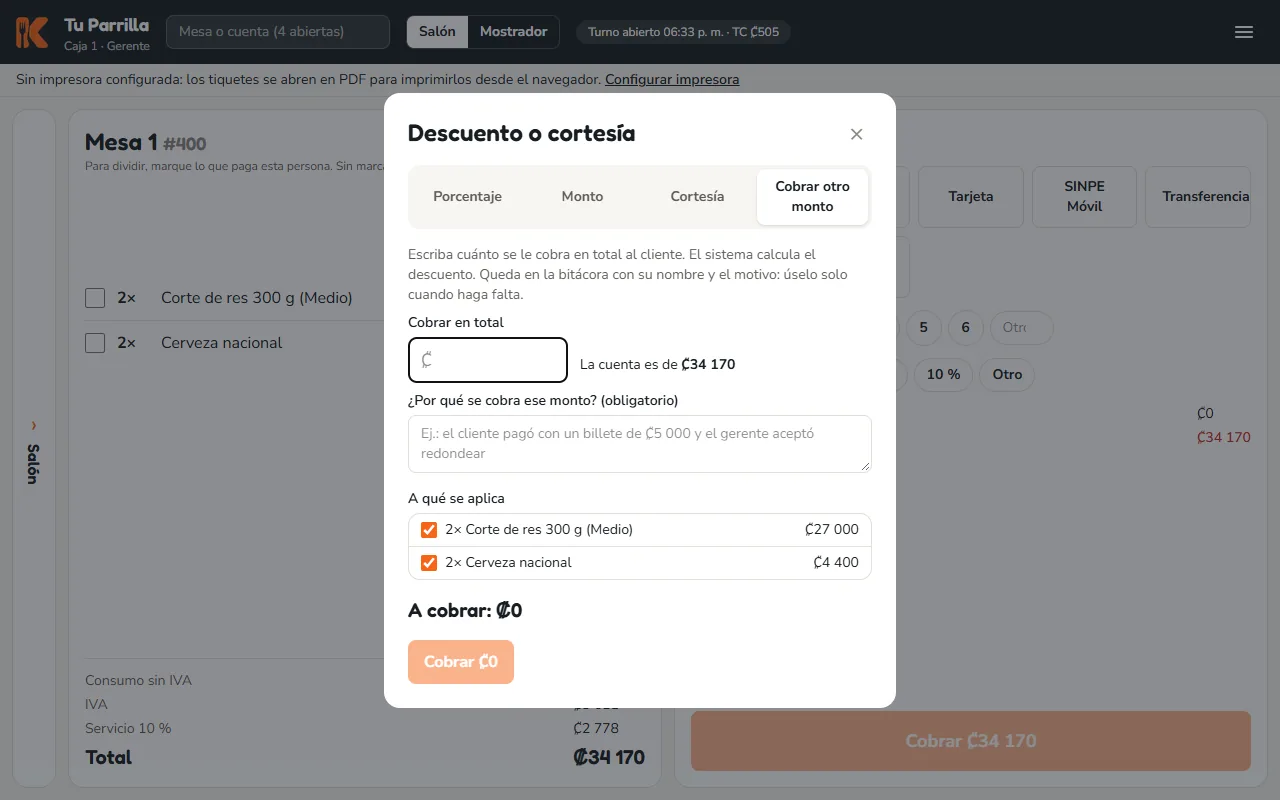 Pantalla: Si el gerente acordó cobrar un monto cerrado (por ejemplo ₡5 000 en vez de ₡5 500), use «Cobrar otro monto»